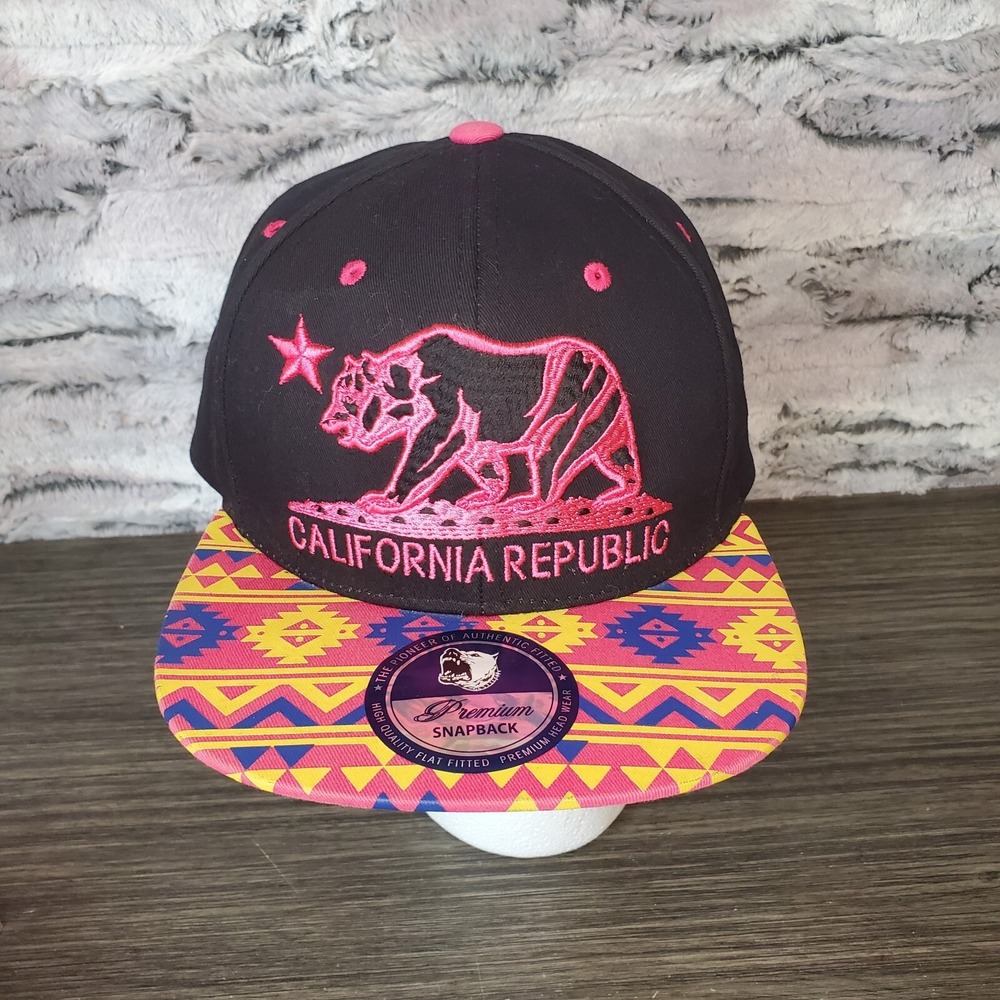 California Republic Cali Bear Pink Southwestern On Black Snapback Baseball Hat